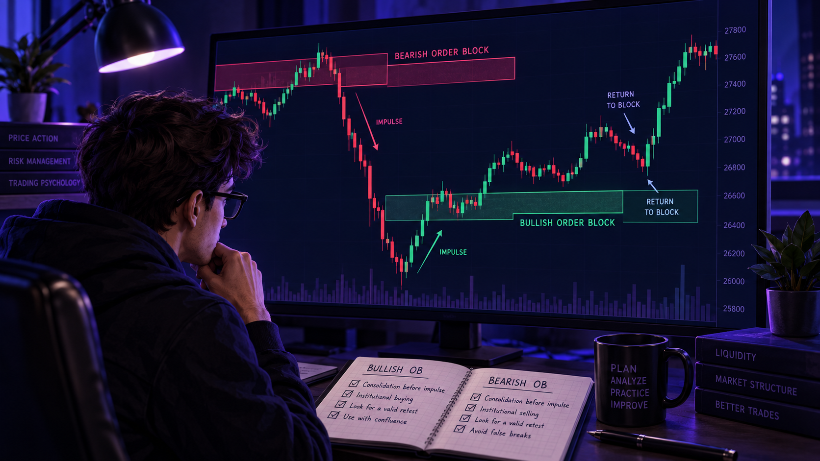 Bullish и bearish Order Block на графике с импульсом и ретестом
